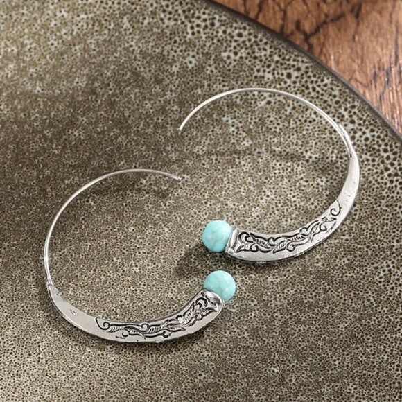 Large Silver Tone Feather Spiral Earrings in Turquoise Blue #1314 - Picture 5 of 8